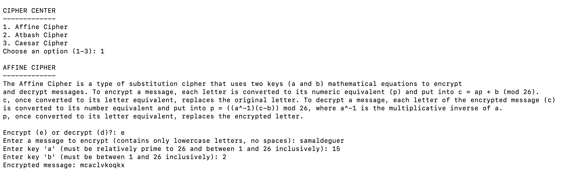 Screenshot of Affine Cipher