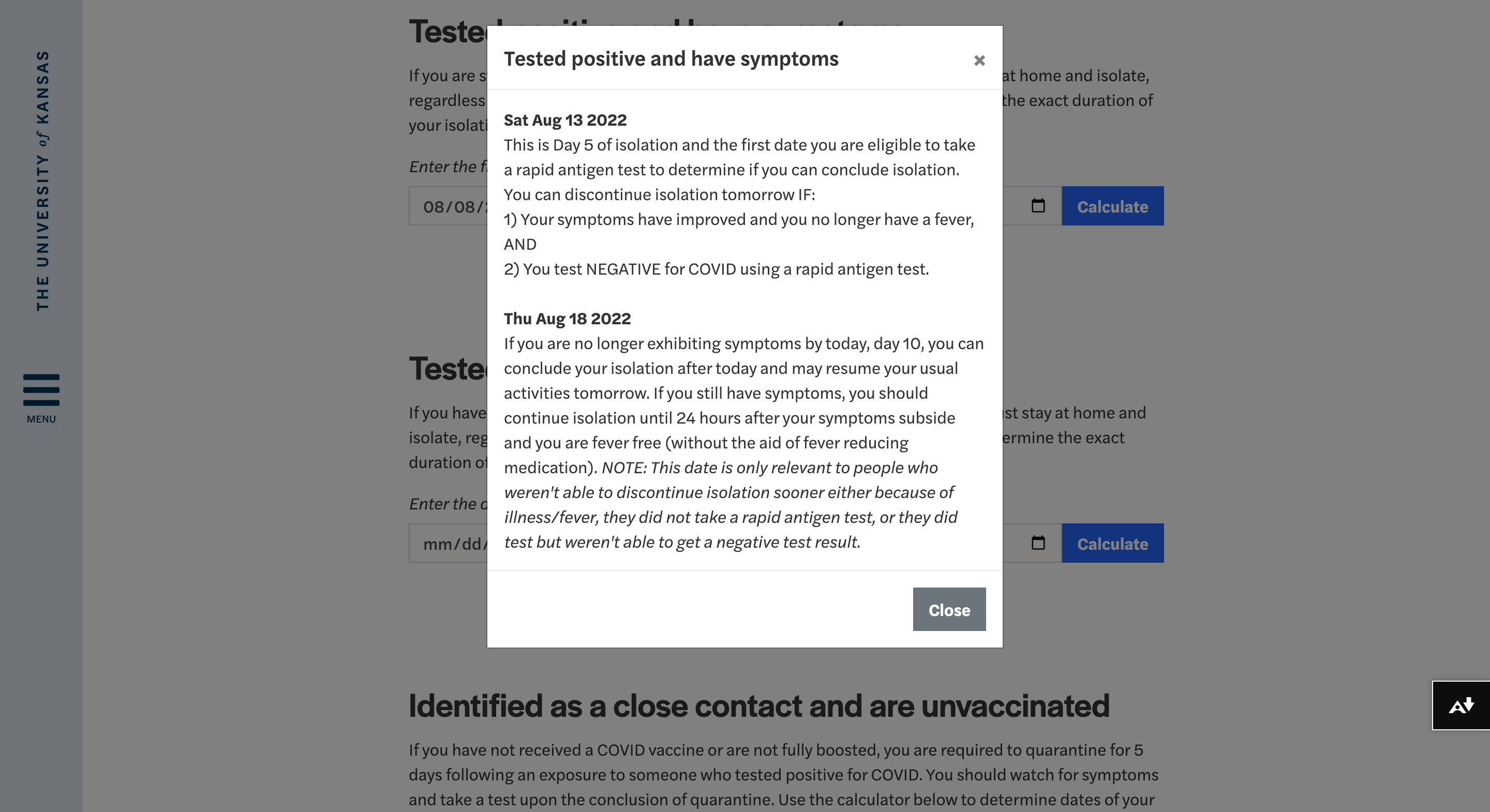 Screenshot of modal once date is calculated